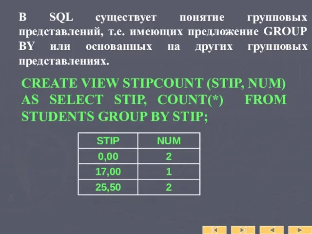 В SQL существует понятие групповых представлений, т.е. имеющих предложение GROUP