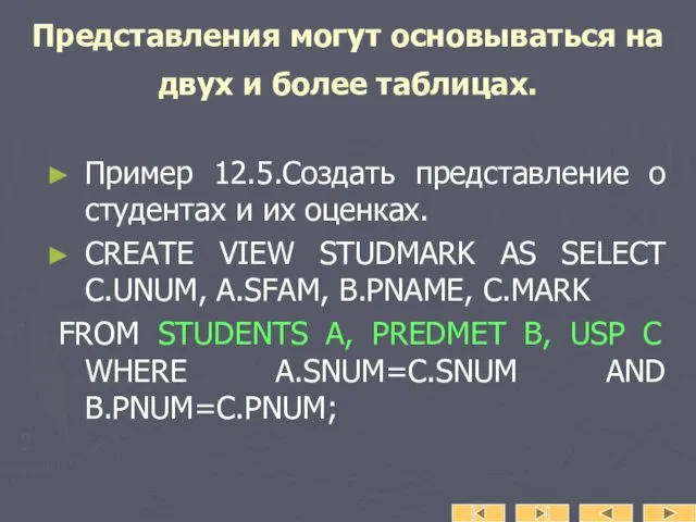 Представления могут основываться на двух и более таблицах. Пример 12.5.Создать