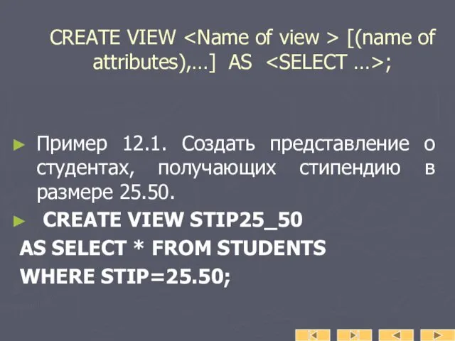 CREATE VIEW [(name of attributes),…] AS ; Пример 12.1. Создать