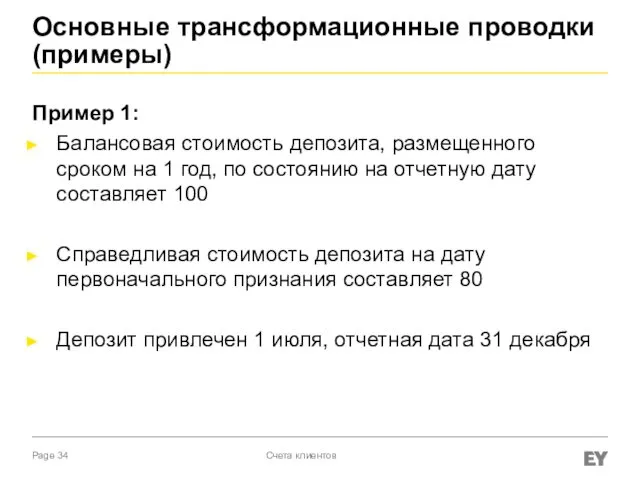 Основные трансформационные проводки (примеры) Пример 1: Балансовая стоимость депозита, размещенного