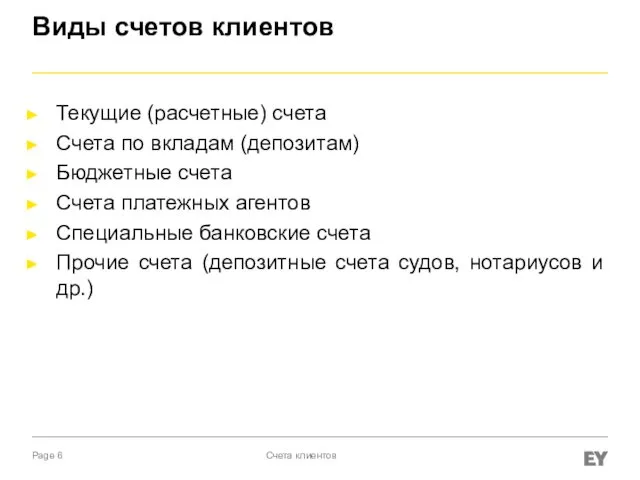 Виды счетов клиентов Текущие (расчетные) счета Счета по вкладам (депозитам)