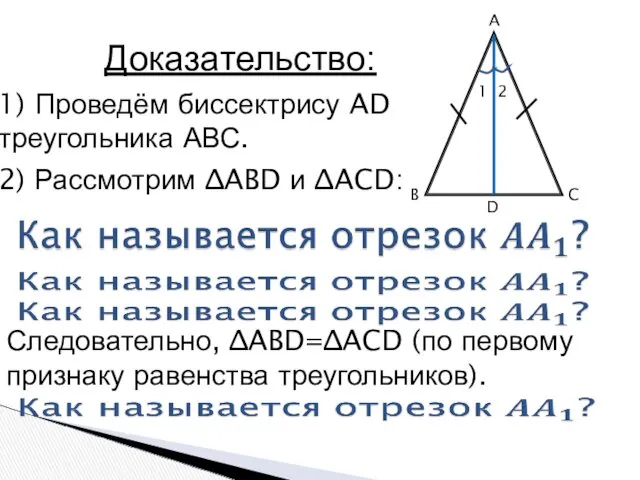 A B C D Доказательство: 1) Проведём биссектрису AD треугольника