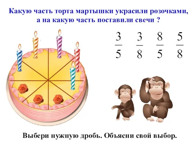 Выбери нужную дробь. Объясни свой выбор. Какую часть торта мартышки