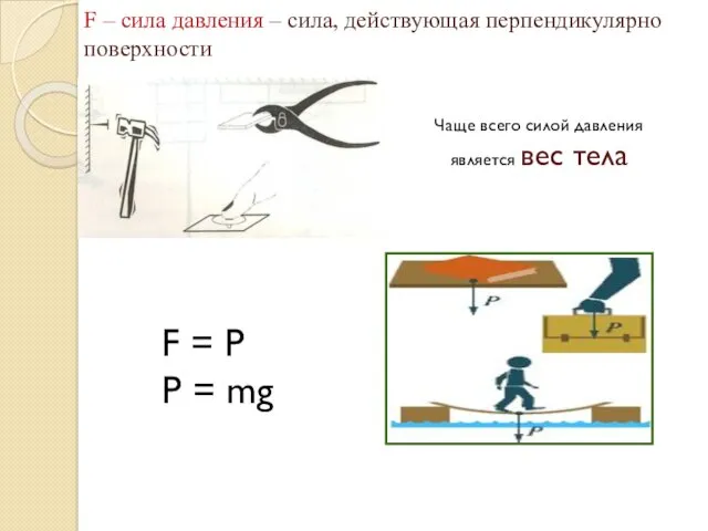 F – сила давления – сила, действующая перпендикулярно поверхности F