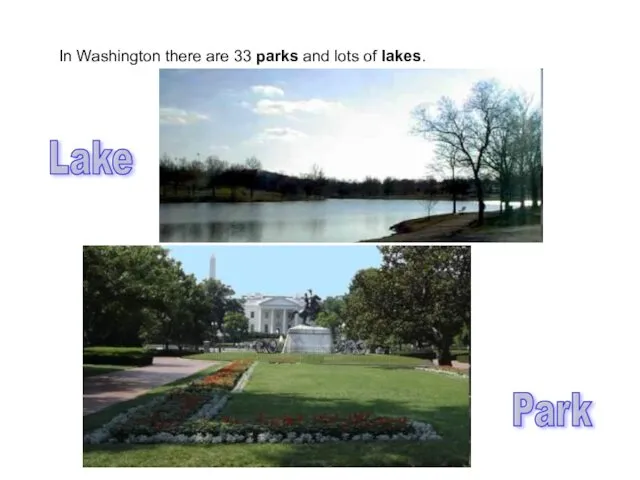 In Washington there are 33 parks and lots of lakes. Park Lake