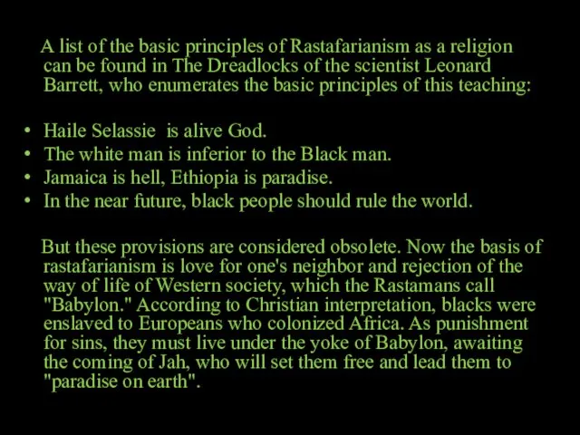A list of the basic principles of Rastafarianism as a
