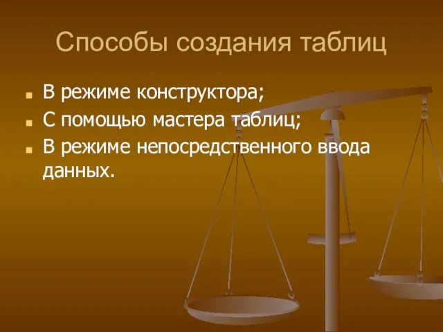 Способы создания таблиц В режиме конструктора; С помощью мастера таблиц; В режиме непосредственного ввода данных.