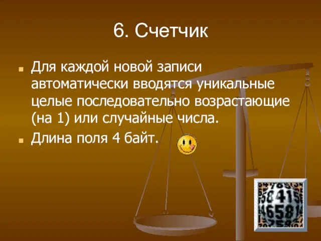 6. Счетчик Для каждой новой записи автоматически вводятся уникальные целые