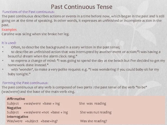 Past Continuous Tense Functions of the Past continuous: The past continuous describes actions