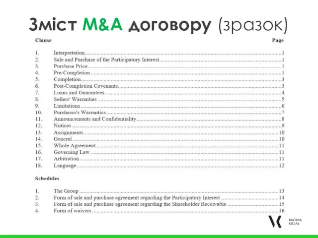 Зміст M&A договору (зразок)