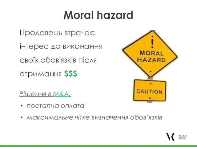 Moral hazard Продавець втрачає інтерес до виконання своїх обов'язків після