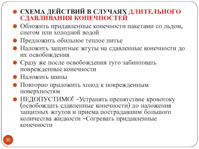 СХЕМА ДЕЙСТВИЙ В СЛУЧАЯХ ДЛИТЕЛЬНОГО СДАВЛИВАНИЯ КОНЕЧНОСТЕЙ Обложить придавленные конечности