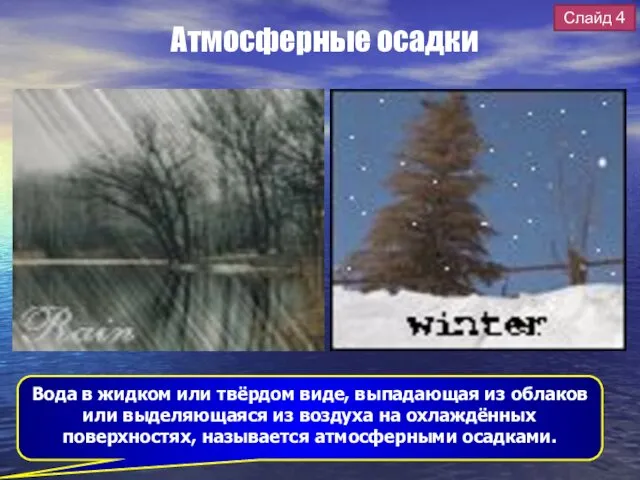 Атмосферные осадки Вода в жидком или твёрдом виде, выпадающая из