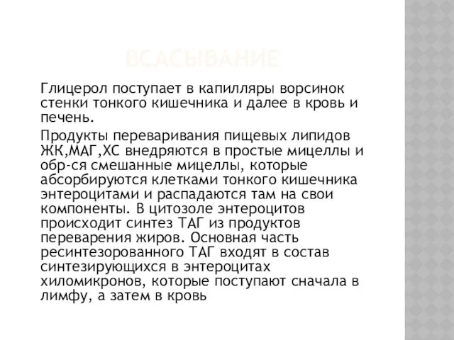 ВСАСЫВАНИЕ Глицерол поступает в капилляры ворсинок стенки тонкого кишечника и