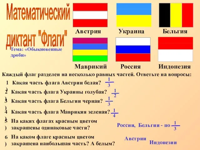 Австрии Индонезии Математический диктант "Флаги" Тема: «Обыкновенные дроби» Каждый флаг