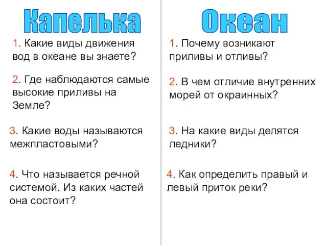 Капелька Океан 1. Какие виды движения вод в океане вы