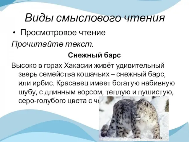 Виды смыслового чтения Просмотровое чтение Прочитайте текст. Снежный барс Высоко