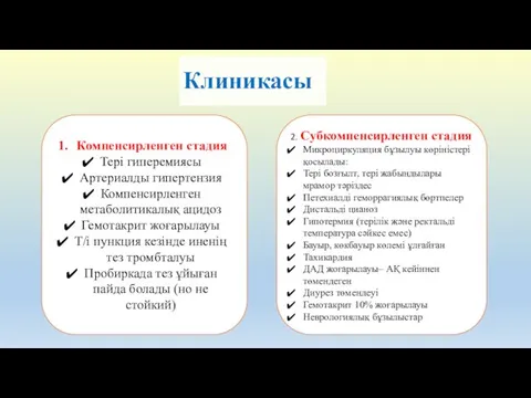 Клиникасы Компенсирленген стадия Тері гиперемиясы Артериалды гипертензия Компенсирленген метаболитикалық ацидоз