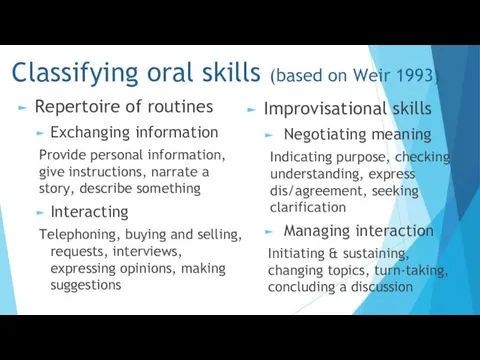 Classifying oral skills (based on Weir 1993) Repertoire of routines