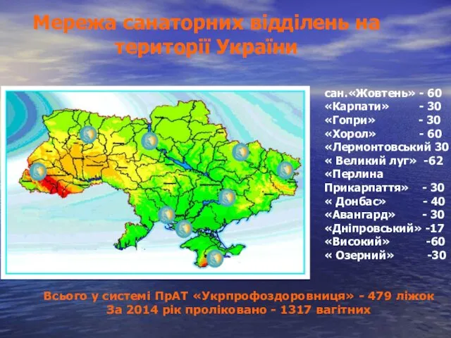 Мережа санаторних відділень на території України Всього у системі ПрАТ «Укрпрофоздоровниця» - 479