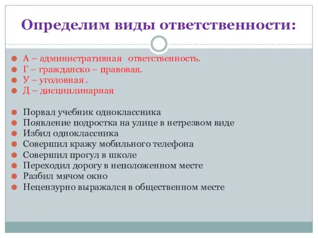 Определим виды ответственности: А – административная ответственность. Г – гражданско