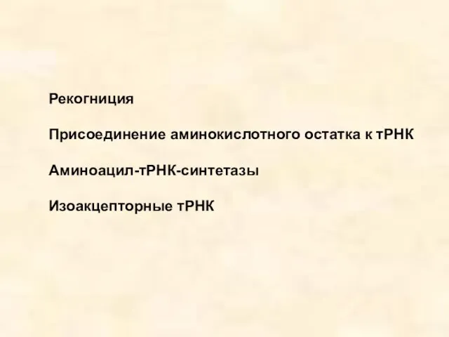 Рекогниция Присоединение аминокислотного остатка к тРНК Аминоацил-тРНК-синтетазы Изоакцепторные тРНК