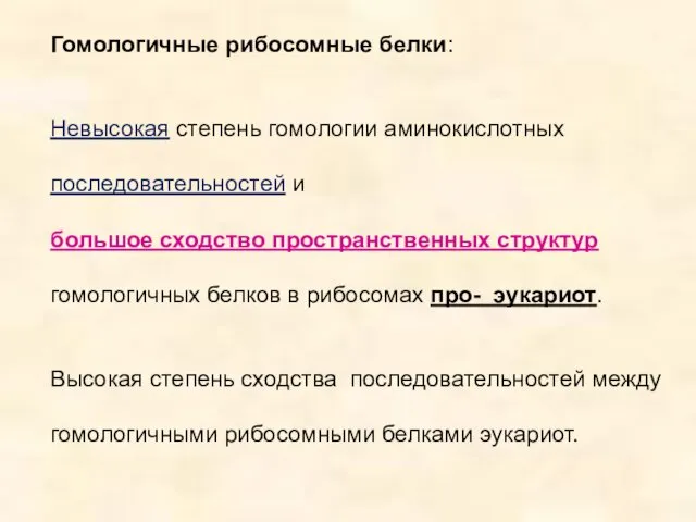 Гомологичные рибосомные белки: Невысокая степень гомологии аминокислотных последовательностей и большое