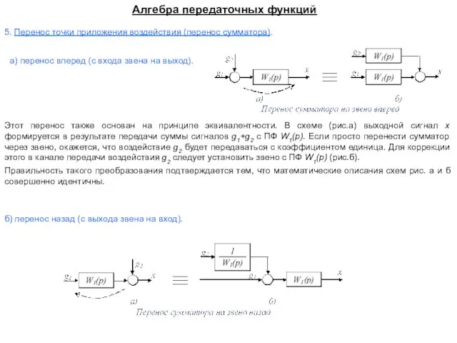 Алгебра передаточных функций 5. Перенос точки приложения воздействия (перенос сумматора).