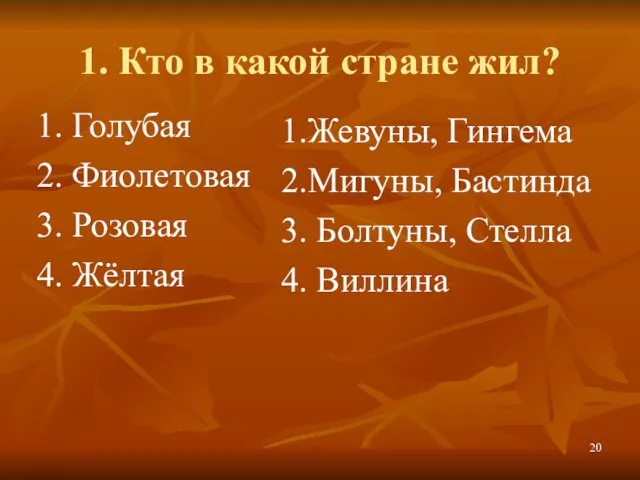 1. Кто в какой стране жил? 1. Голубая 2. Фиолетовая