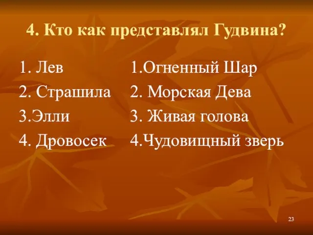 4. Кто как представлял Гудвина? 1. Лев 2. Страшила 3.Элли