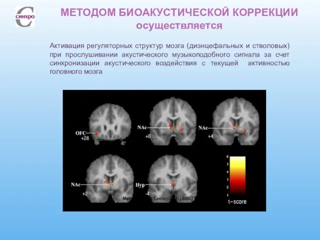 МЕТОДОМ БИОАКУСТИЧЕСКОЙ КОРРЕКЦИИ осуществляется Активация регуляторных структур мозга (диэнцефальных и