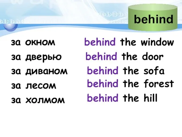 за окном behind the window за дверью behind the door