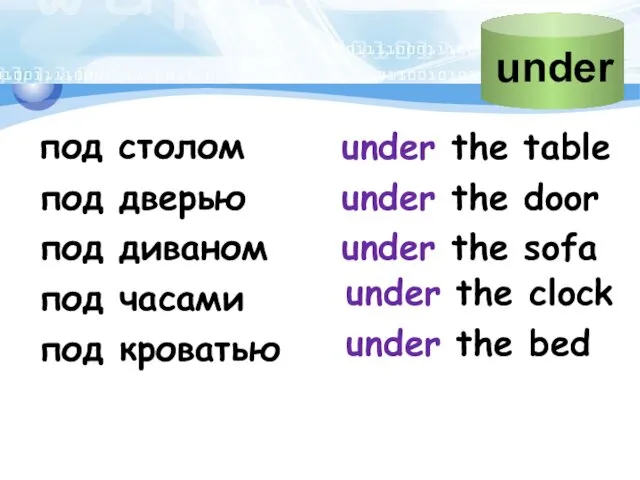 под столом under the table под дверью under the door