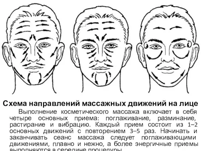 Схема направлений массажных движений на лице Выполнение косметического массажа включает в себя четыре