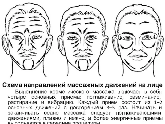 Схема направлений массажных движений на лице Выполнение косметического массажа включает