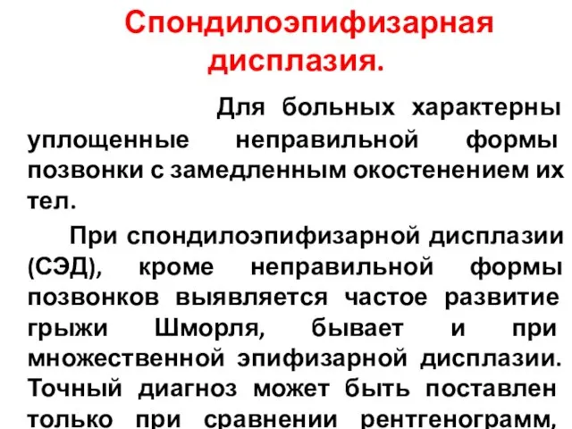 Спондилоэпифизарная дисплазия. Для больных характерны уплощенные неправильной формы позвонки с