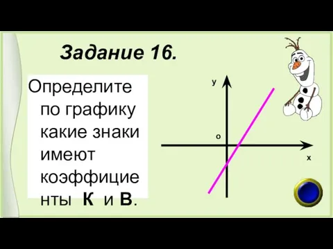 Задание 16. Определите по графику какие знаки имеют коэффициенты К и В. х у о