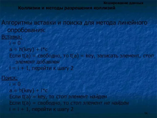 Хеширование данных Коллизии и методы разрешения коллизий Алгоритмы вставки и