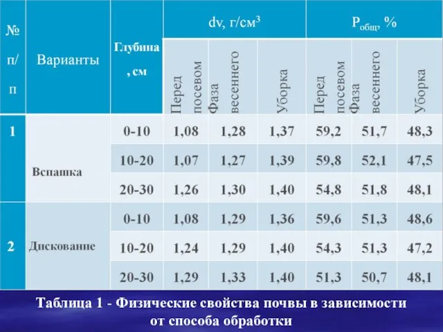 Таблица 1 - Физические свойства почвы в зависимости от способа обработки