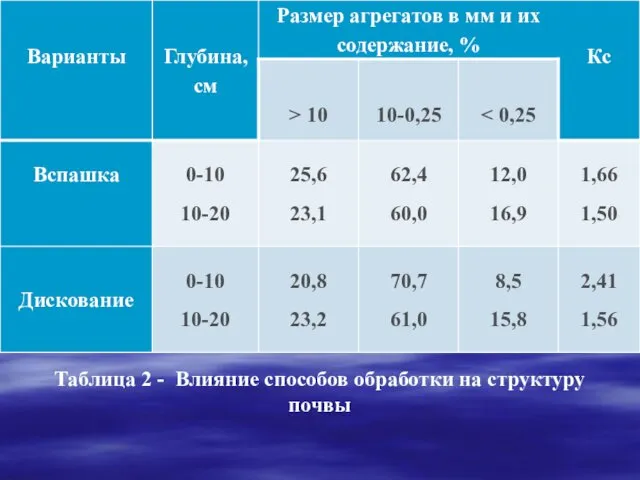 Таблица 2 - Влияние способов обработки на структуру почвы