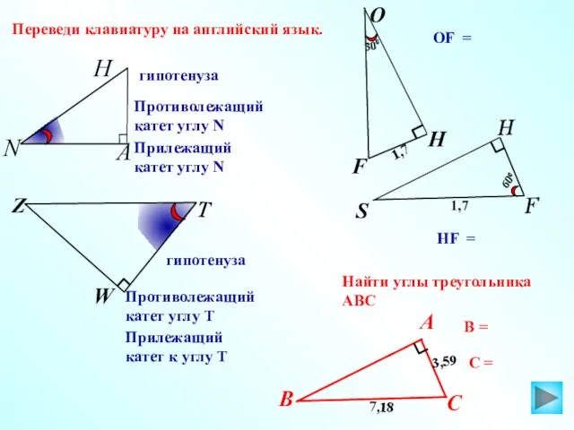 гипотенуза S Противолежащий катет углу Т Прилежащий катет к углу