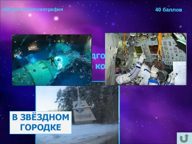 «Космическая»география 40 баллов Где проходят подготовку к полётам российские космонавты? В ЗВЁЗДНОМ ГОРОДКЕ
