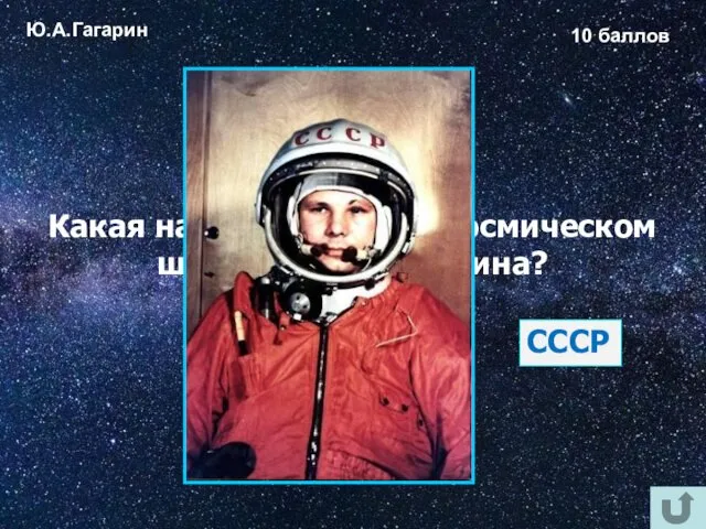Ю.А.Гагарин 10 баллов Какая надпись была на космическом шлеме Юрия Гагарина? СССР