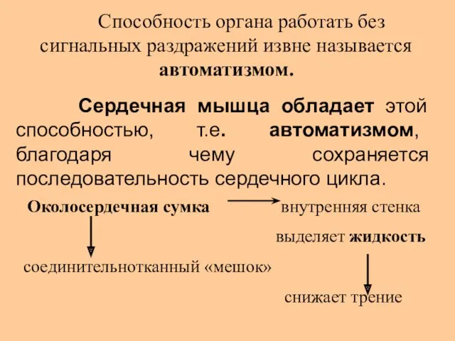 Способность органа работать без сигнальных раздражений извне называется автоматизмом. Сердечная