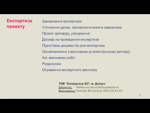 Замовлення експертизи Уточнення даних, заповнення анкети замовника Проект договору, узгодження