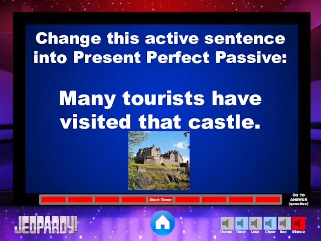 Change this active sentence into Present Perfect Passive: Many tourists have visited that castle.