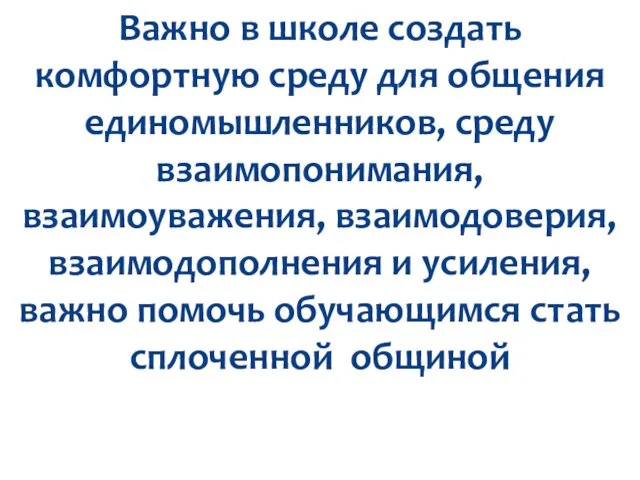 Важно в школе создать комфортную среду для общения единомышленников, среду взаимопонимания, взаимоуважения, взаимодоверия,