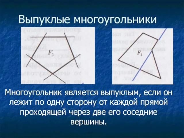 Выпуклые многоугольники Многоугольник является выпуклым, если он лежит по одну