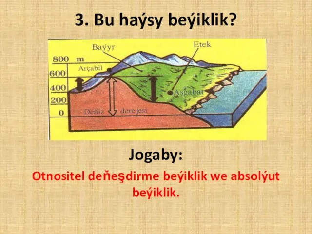 3. Bu haýsy beýiklik? Jogaby: Otnositel deňeşdirme beýiklik we absolýut beýiklik.