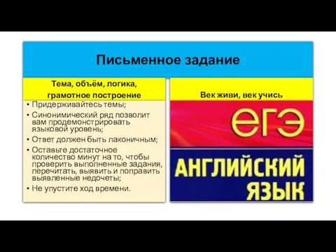 Письменное задание Тема, объём, логика, грамотное построение Придерживайтесь темы; Синонимический